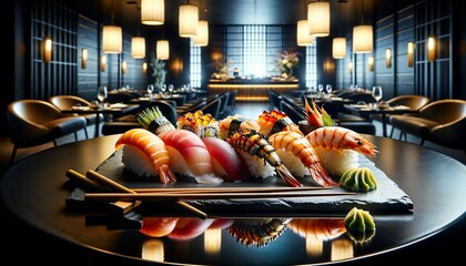 A fusion sushi creation with shellfish