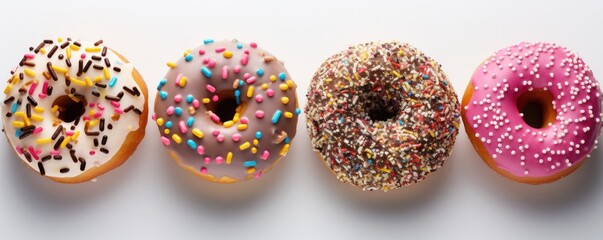 Fototapeta na wymiar Tasty colorful donuts with sprinkles on a white background, top view. Generative AI.