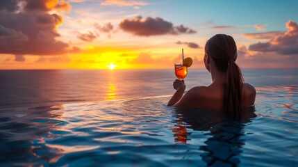 Woman watching the sunset with a cocktail in an infinity pool - obrazy, fototapety, plakaty