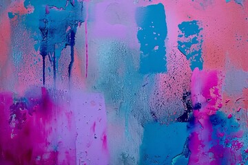 Messy paint strokes and smudges on an old painted wall. Pink, purple, blue color drips, flows, streaks of paint and paint sprays, Generative AI 