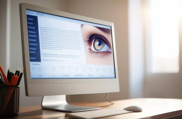 Desktop Computer Monitor with Blue Neon Eye on the Desk in the Modern Office or Clinic. Ophthalmology Creative Concept Idea. Technology. Biometric Eyes Scan. Eyesight correction. Retinal Diagnostic