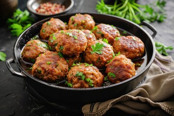 Lamb kofta meatballs in dark kitchen background (Koftas are an Indian Cuisine)
