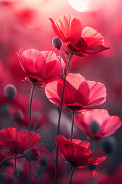 Group of red flowers. Vibrant coquelicots bloom together, painting the outdoors with a sea of fiery red petals, embodying the beauty and resilience of nature's annual herbaceous poppies