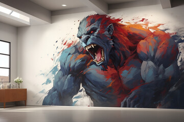 Drawing of an angry screaming gorilla on a white wall. Contemporary art of wall painting. Generated by artificial intelligence