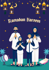 Ramadan Kareem set of posters, cards, holiday covers, greetings or background. Doodle beautiful design with Dad, Mom, Son, Daughter, Family, Crescent Moon and Lantern. 