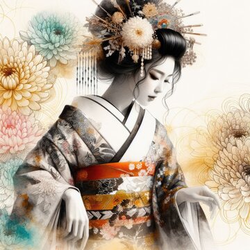 Ethereal Beauty Amidst Blooming flowers with Japanese kimono girl with Generative AI.