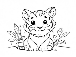 Cute Tiger cartoon Coloring Page. Suitable For printable children's, kids and adult coloring page or book