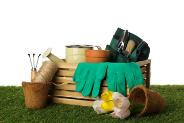 PNG, Gardening tools and flowers in wooden box on grass, isolated on white background