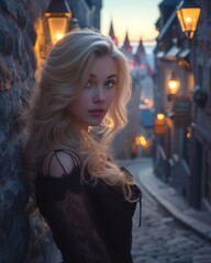 Beautiful young blonde woman with long curly hair in a black dress in the old city at night. A blonde enchantress with piercing blue eyes graces the historic architecture of Quebec City. 