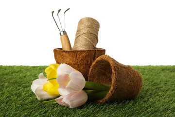 PNG, Flower pots, twine and gardening tool and flowers on grass, isolated on white background