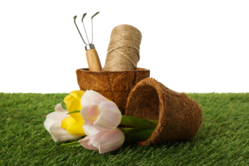 PNG, Flower pots, twine and gardening tool and flowers on grass, isolated on white background