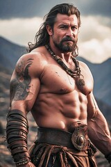 A divine-proportioned barbarian, grinning with a magical punk flair. Amid rugged terrain, stormy skies, and fiery explosions, the hero strikes a heroic pose. 