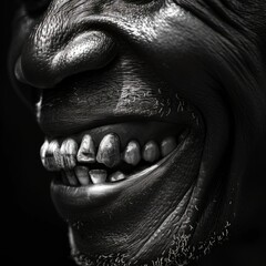 Obraz premium close up of african american man's mouth with black skin. A black-and-white portrait emphasizing the textures and details of a toothy grin, with dramatic lighting