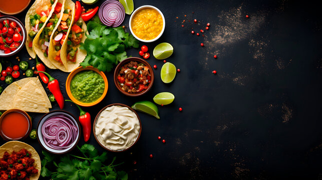 mexican pork carnitas tacos composition with copy space.