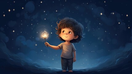 little boy holds a star in both hands, night sky background . Lovely illustration for young boy. --ar 16:9 --v 5.2 Job ID: 13558a98-1b07-45f1-8bbb-06b5a3007581