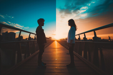 Dawn and Dusk, Two People Divided by Daylight on a City Bridge, Contrast of Time