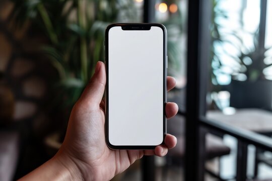 Mockup image of a hand holding smartphone with blank white screen in cafe