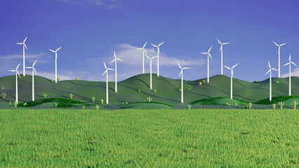 wind turbines farm on mountain hill near green grass field view background 3D rendering - obrazy, fototapety, plakaty