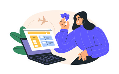 Tourist buying air flight tickets online. Aircraft, airplane checkin, boarding pass through internet. Woman booking plane trip, travel. Flat graphic vector illustration isolated on white background