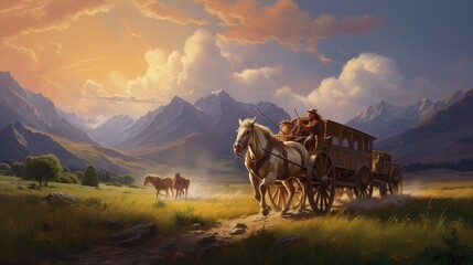Fototapeta na wymiar **painting of a wagon being pulled by a horse traveling through wild west scenery, mountains in the background, grass plains, dynamic angle, dynamic lighting, --ar 16:9 --v 5.2