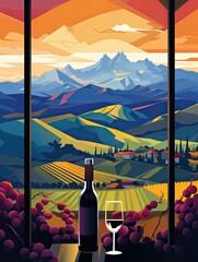 Chilly Wine Air: Abstract Snow-Capped Mountain Print of High-Altitude Vineyards