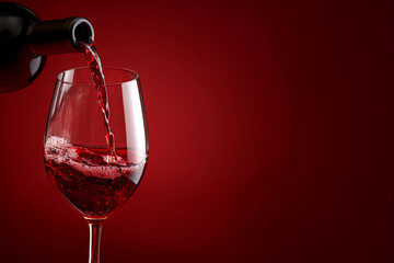 Red wine is poured from a bottle into a glass on a red background with space for text