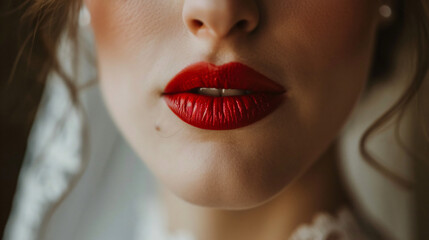 Bride paints lips with lipstick