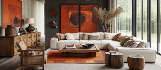 Modern living room with rustic wooden furniture and pops of orange - obrazy, fototapety, plakaty