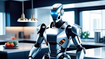 Robot cook in the kitchen. New Technologies, Robotics, Cybernetics