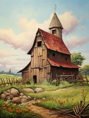 Fototapeta premium Charming Countryside Barns: Vintage Painting of Classic Farm Art