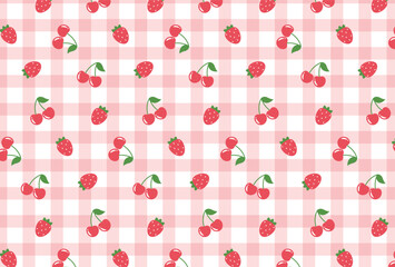 seamless pattern with cherries and strawberries on gingham for banners, cards, flyers, social media wallpapers, etc.