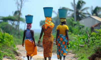 Women transport buckets of  water on their head in Tanzania interiors - obrazy, fototapety, plakaty