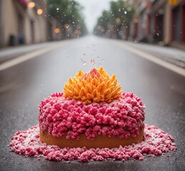 Birthday cake with flowers on the road. Shallow depth of field