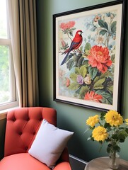 Floral and Bird Combinations: A Nature Blend Framed Landscape Print for Beautiful Wall Decor