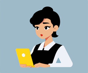 The girl works at a laptop. Flat style. Vector illustration