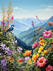 Mountain Meadow Mosaic: Floral and Bird Combinations in Highland Flora and Fauna