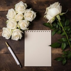 white roses and paper with a pen to write congratulatory text