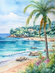 French Riviera Coastal Art Print: Charming French Countryside Watercolors with Beach Scene Painting