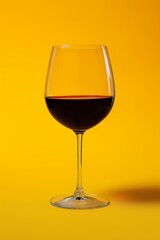 A single glass of red wine against yellow background