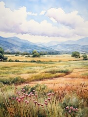 Fototapeta premium French Countryside Watercolors: Plateau Art Print featuring Expansive Views of Scenic Landscapes
