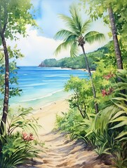 French Coastal Charm: Watercolor Tropical Beach Art with Seaside Views in the French Countryside