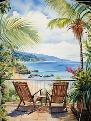 Fototapeta na wymiar French Countryside Watercolors: Capturing French Coastal Charm and Seaside Views in Tropical Beach Art