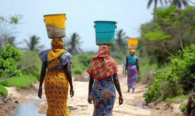 Women transport buckets of  water on their head in Tanzania interiors - obrazy, fototapety, plakaty