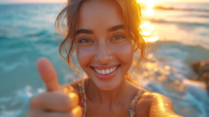Young caucasian woman at the beach taking a selfie picture doing the thumbs up gesture, during summer with beautiful sea in background