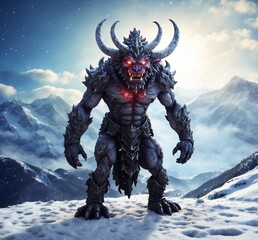 Fantasy monster in the snowy mountains. 3d render illustration.