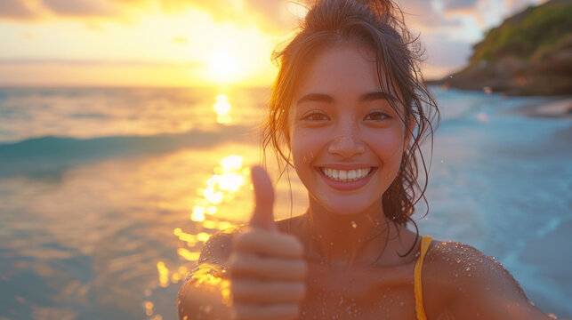 Young Asian woman at the beach taking a selfie picture doing the thumbs up gesture, during summer with beautiful sea in background
