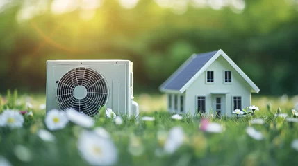 Poster AC concept image with an air conditioning unit next to a house model to cool air at home on hot summer day © Keitma