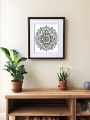 Hand-Drawn Mandala Patterns Framed Landscape Print: Classic Designs with Rolling Hills Art