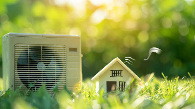AC concept image with an air conditioning unit next to a house model to cool air at home on hot summer day