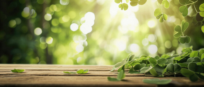 Green four leaf clover on table, rare fourleaf nature spring leaves floral natural grass plant background, good luck shamrock and lucky charm fortune concept, Saint Patricks Day symbol .
